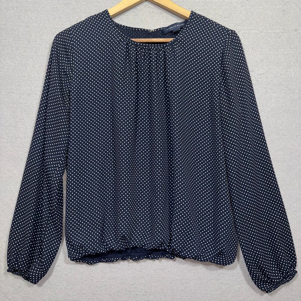 Tommy Hilfiger Navy Blue Polka Dot Blouse Medium Long Sleeve Loose Fit Classic